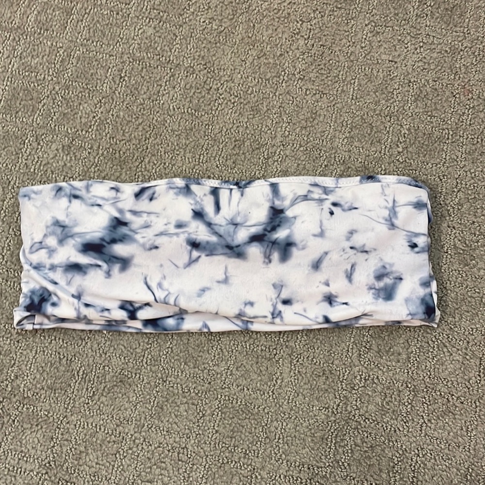 Blue and white no shoulder bikini top